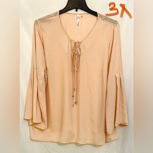 NY Collection Peach Blouse with Tie-Front and Bell Sleeves